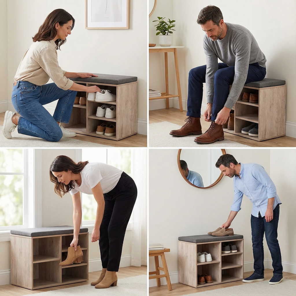 Meuble Chaussures 50cm Banc Coussin | Blanc Cérusé 5 Paires