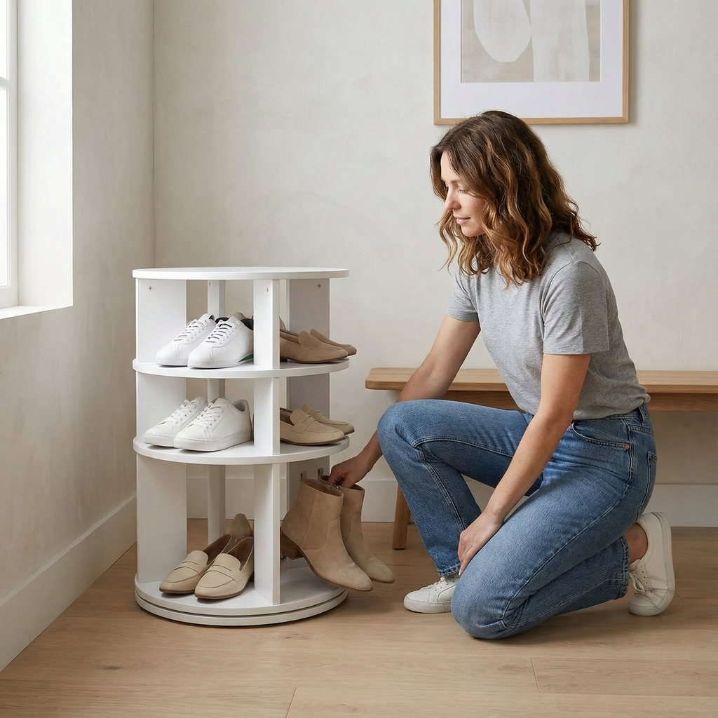 Meuble Chaussures 360° | Rond Blanc 4 Niveaux 60cm