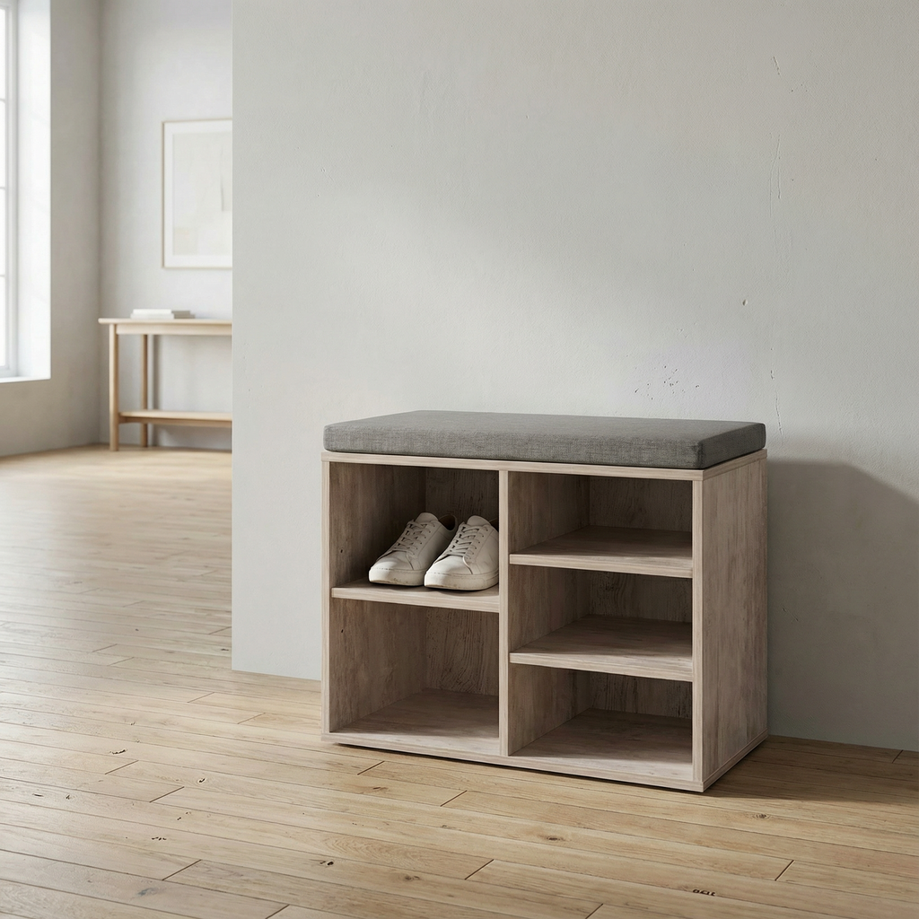 Meuble Chaussures 50cm Banc Coussin | Blanc Cérusé 5 Paires