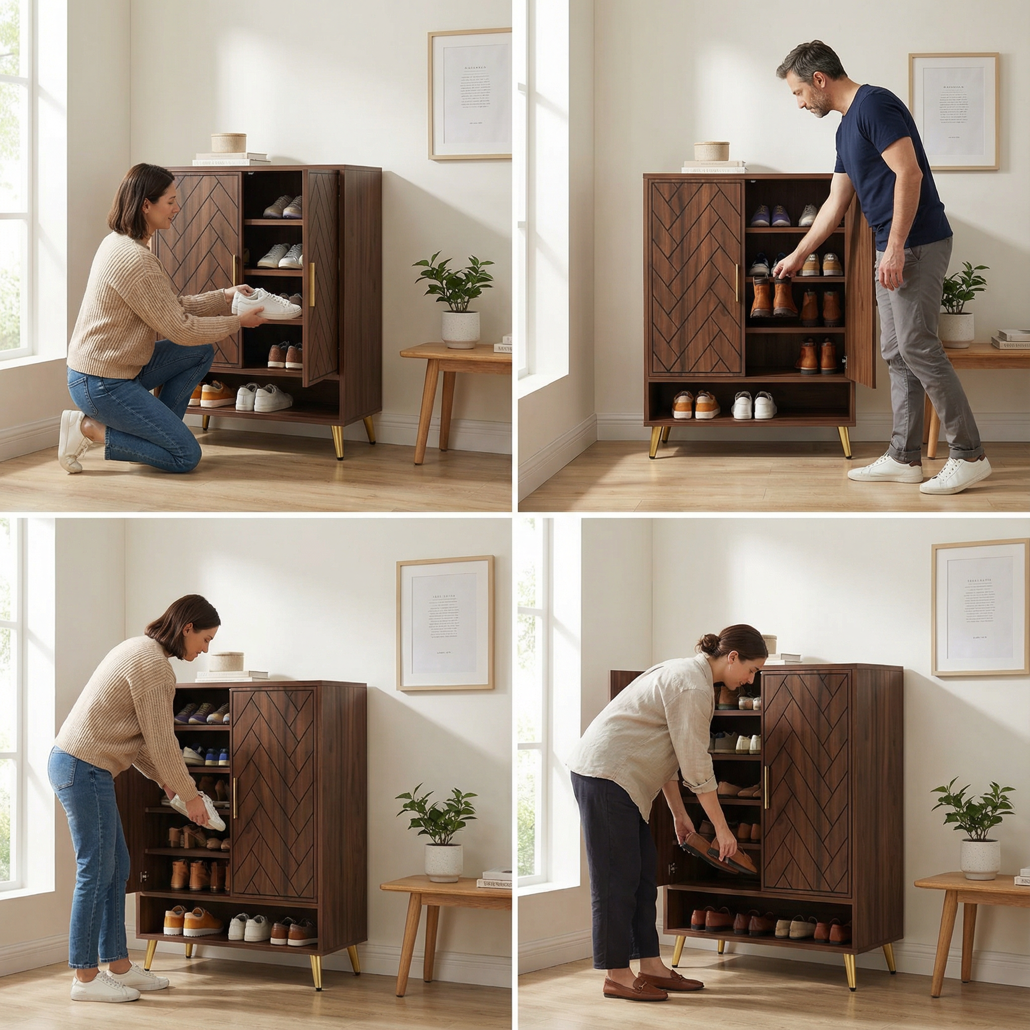 Meuble Chaussures Vintage Bois Noyer | 6 Niveaux Pieds Dorés