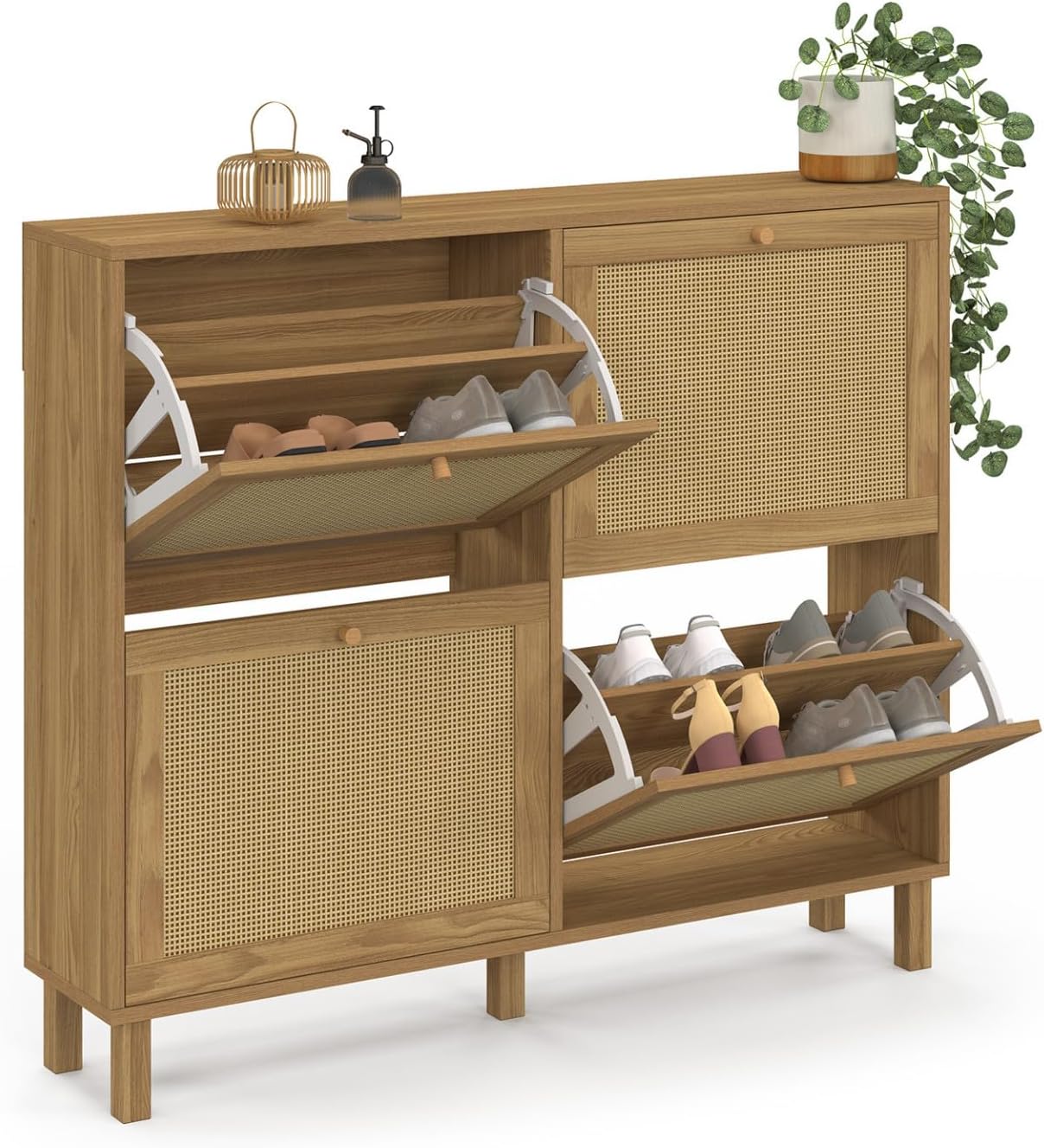 IDMarket - Meuble à Chaussures 20 Paires HANAE 4 Portes Effet Naturel cannage