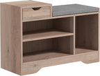 HOMCOM Banc à Chaussures, Banc de Rangement, 1 tiroir et 3 Compartiments, Meuble d'entrée avec Coussin rembourrée, pour Couloir, entrée, Chambre, 76,5 x 30 x 52 cm, Gris Effet Bois