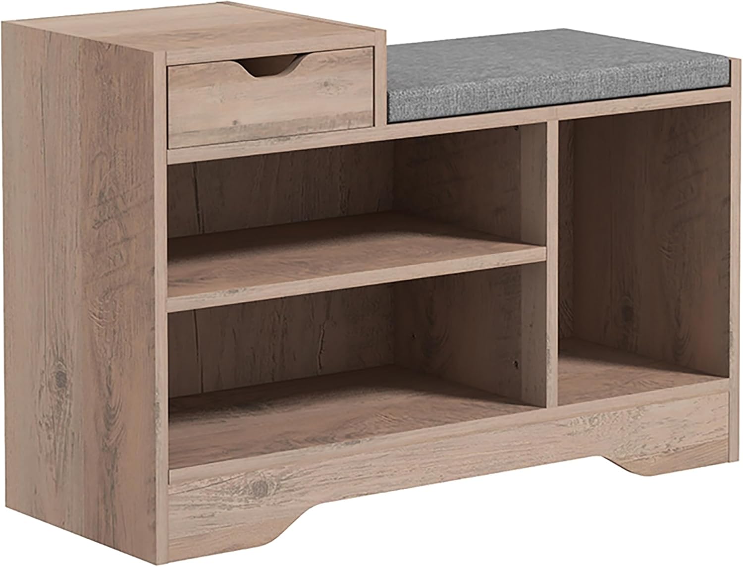 HOMCOM Banc à Chaussures, Banc de Rangement, 1 tiroir et 3 Compartiments, Meuble d'entrée avec Coussin rembourrée, pour Couloir, entrée, Chambre, 76,5 x 30 x 52 cm, Gris Effet Bois