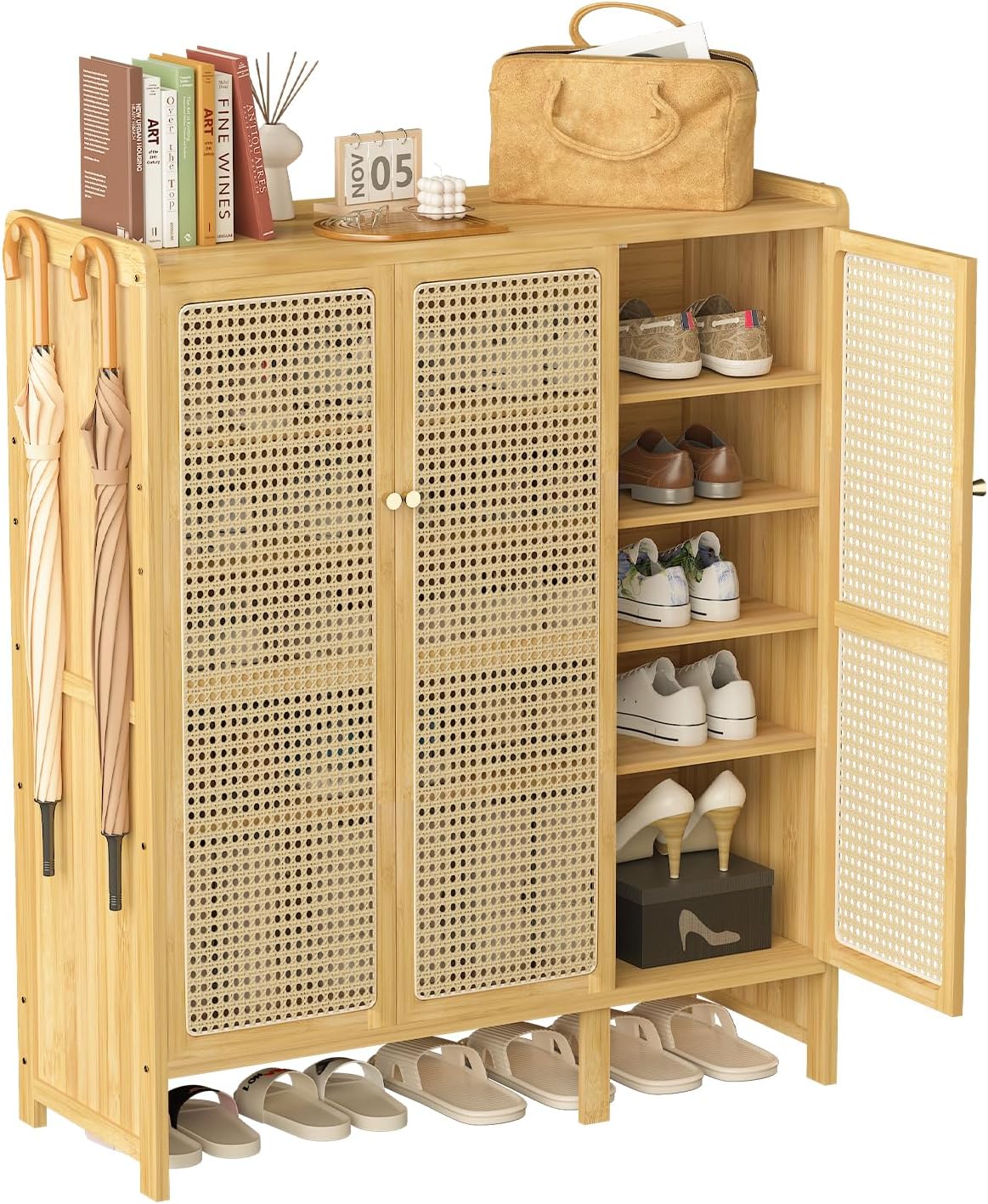 unho Meuble Chaussure d’Entrée en Bambou: Rangement Chaussure avec 5 Étagères Armoire à Chaussures avec 4 Crochets Design - 90.5 × 35 × 107 cm