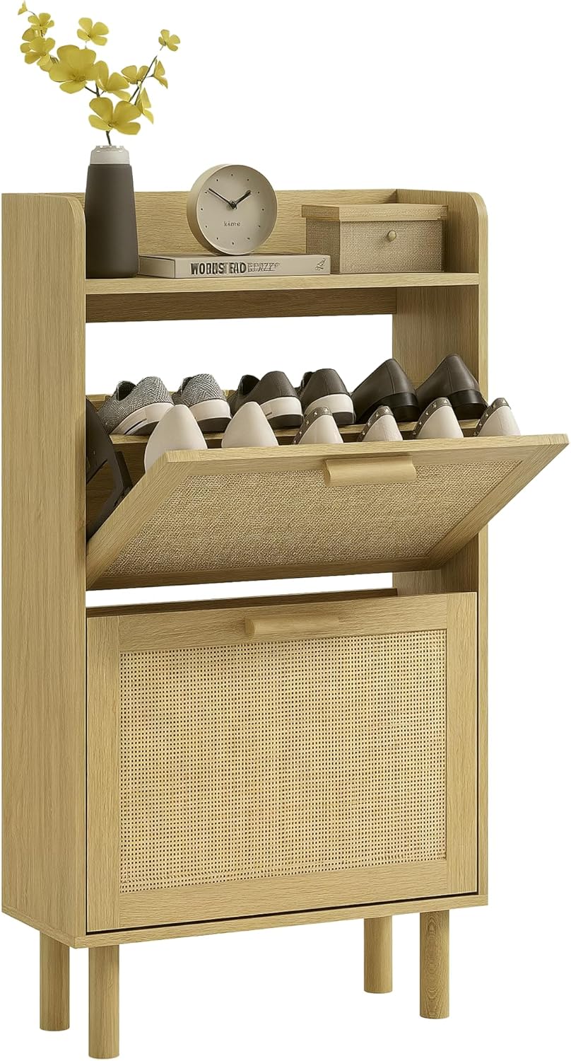 HOMCOM Meuble à Chaussures étagère à Chaussures Armoire 2 Portes abattants 12 Paires, Effet résine tressée Design bohème - dim. 80L x 24,5l x 110H cm chêne