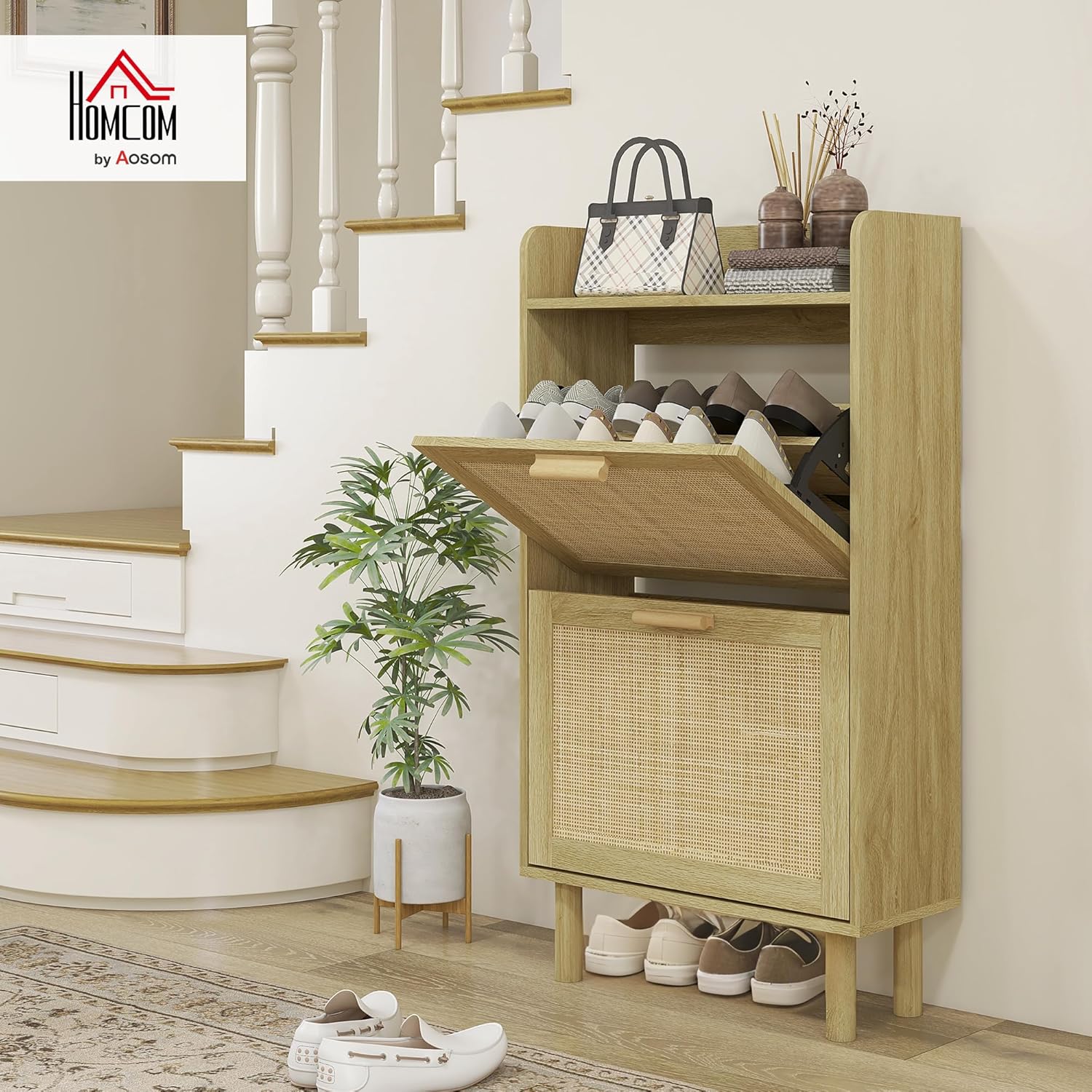 HOMCOM Meuble à Chaussures étagère à Chaussures Armoire 2 Portes abattants 12 Paires, Effet résine tressée Design bohème - dim. 80L x 24,5l x 110H cm chêne