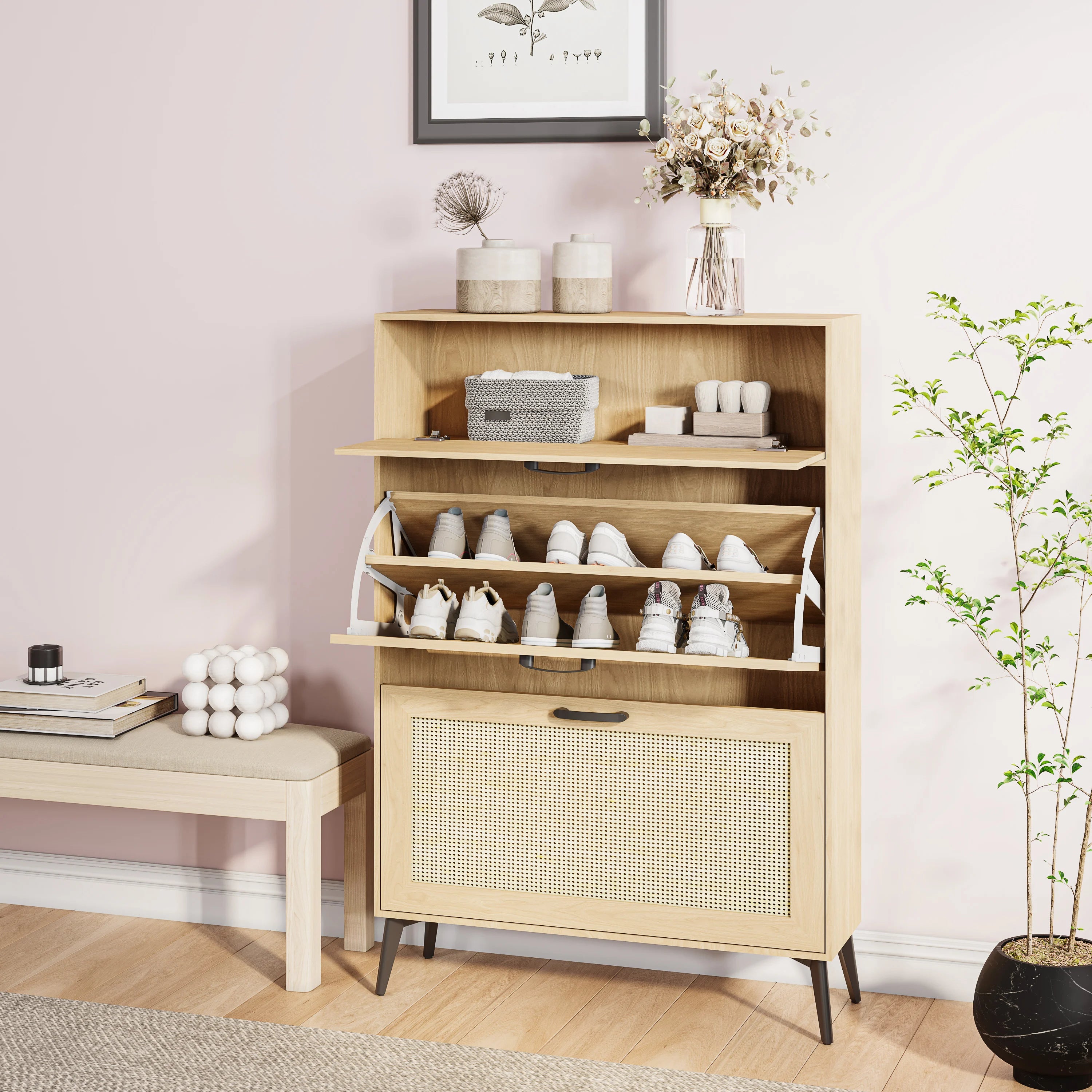 Meuble Chaussures Entrée Rotin Bois Clair | 80cm Pieds Métal