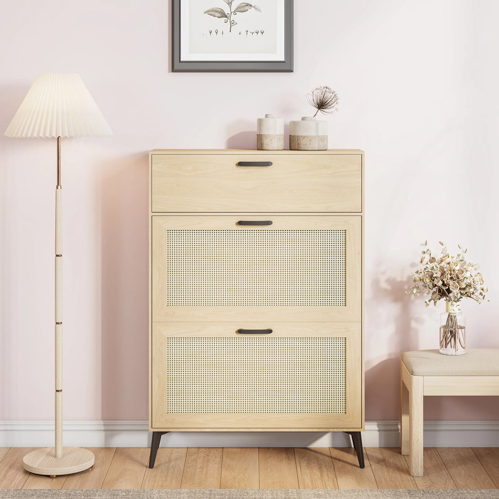 Meuble Chaussures Entrée Rotin Bois Clair | 80cm Pieds Métal