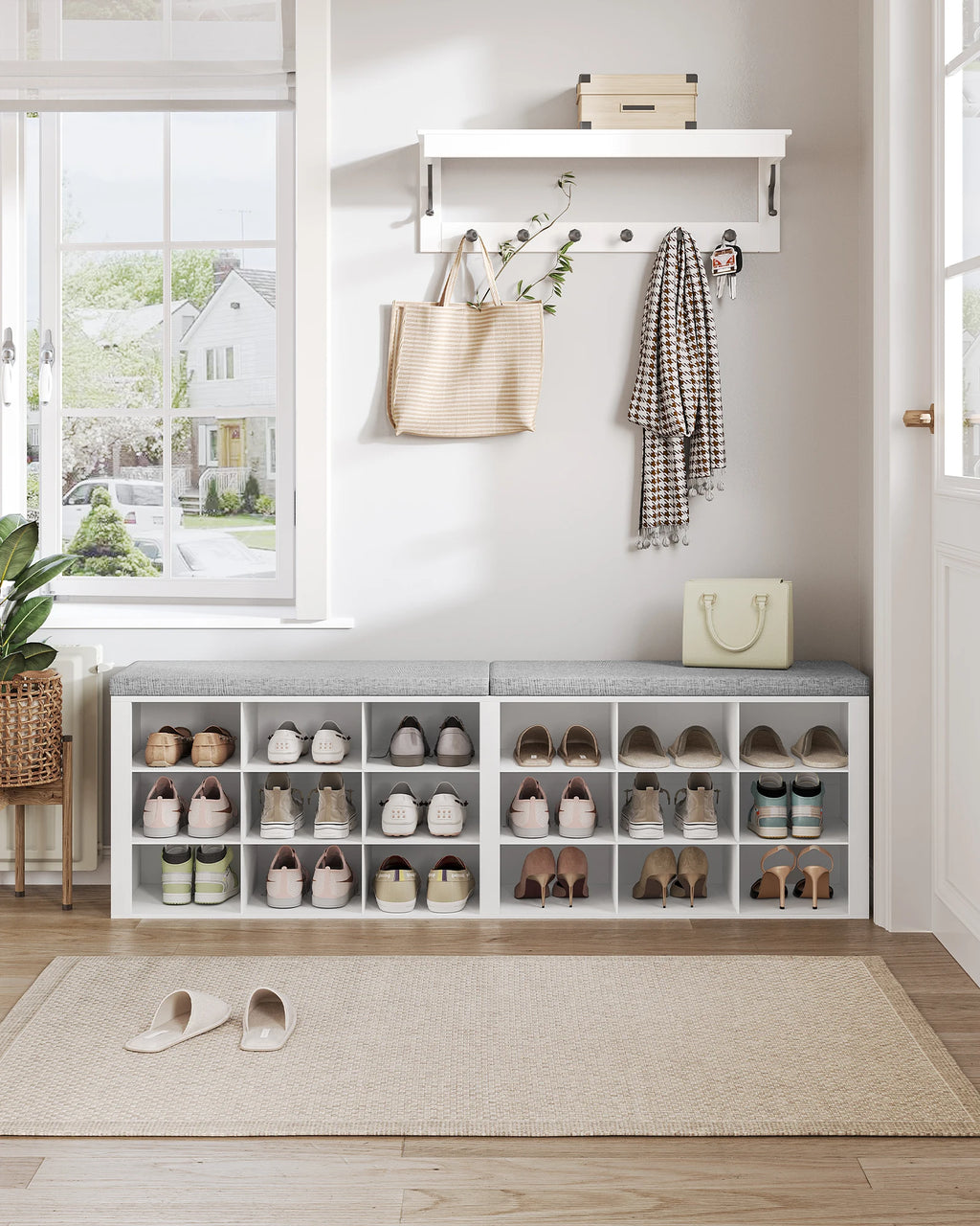 Banc  meuble a chaussure bas long 150cm | 18 Compartiments Blanc