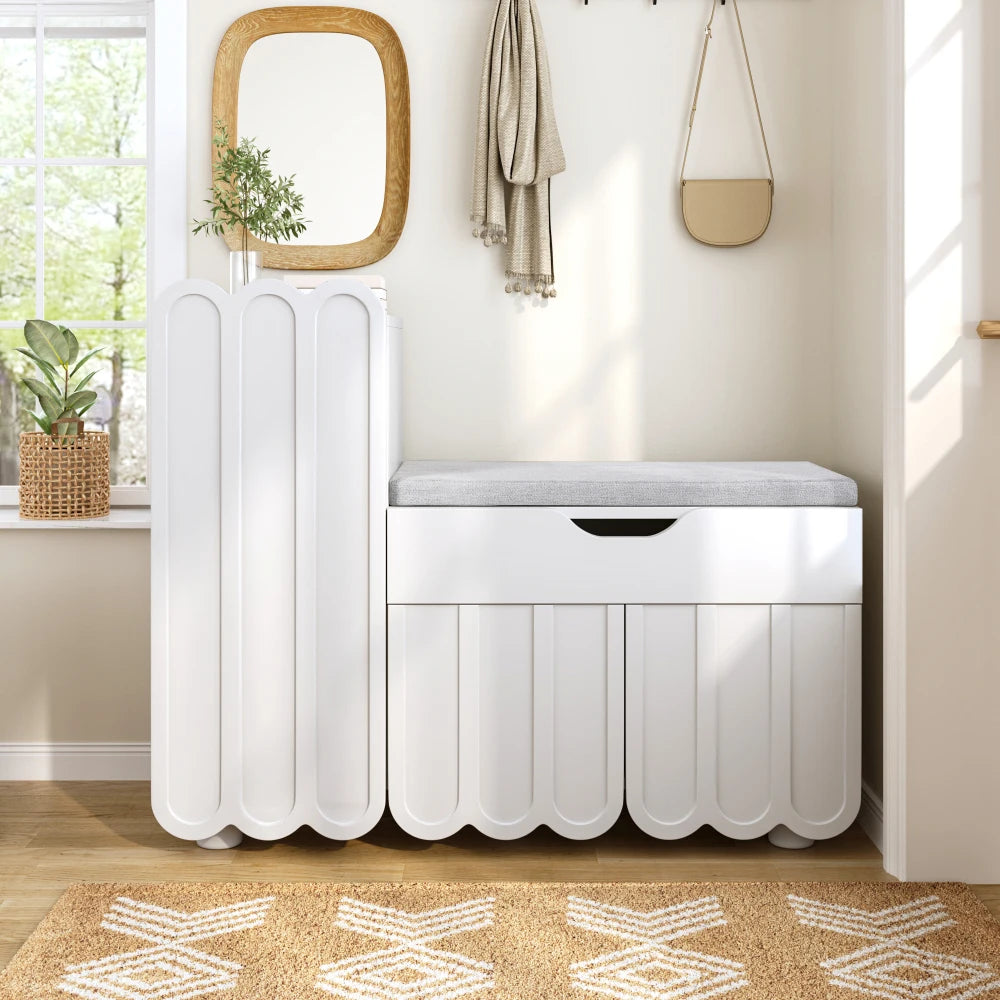 Meuble Banc Chaussures 3 Portes + Tiroir | Blanc 90cm