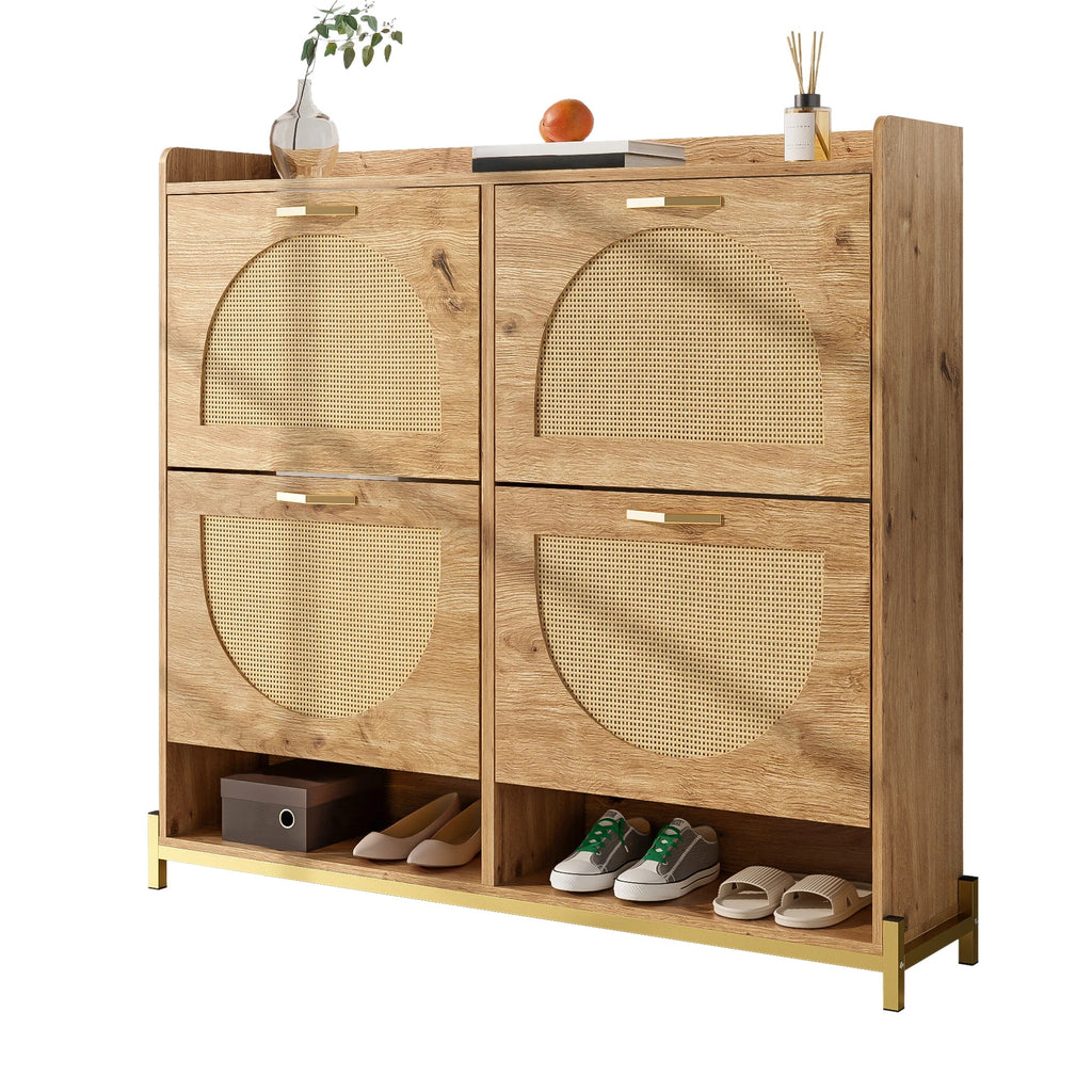 Grand Meuble Chaussures 4 Portes Rotin | Bois Métal 100cm