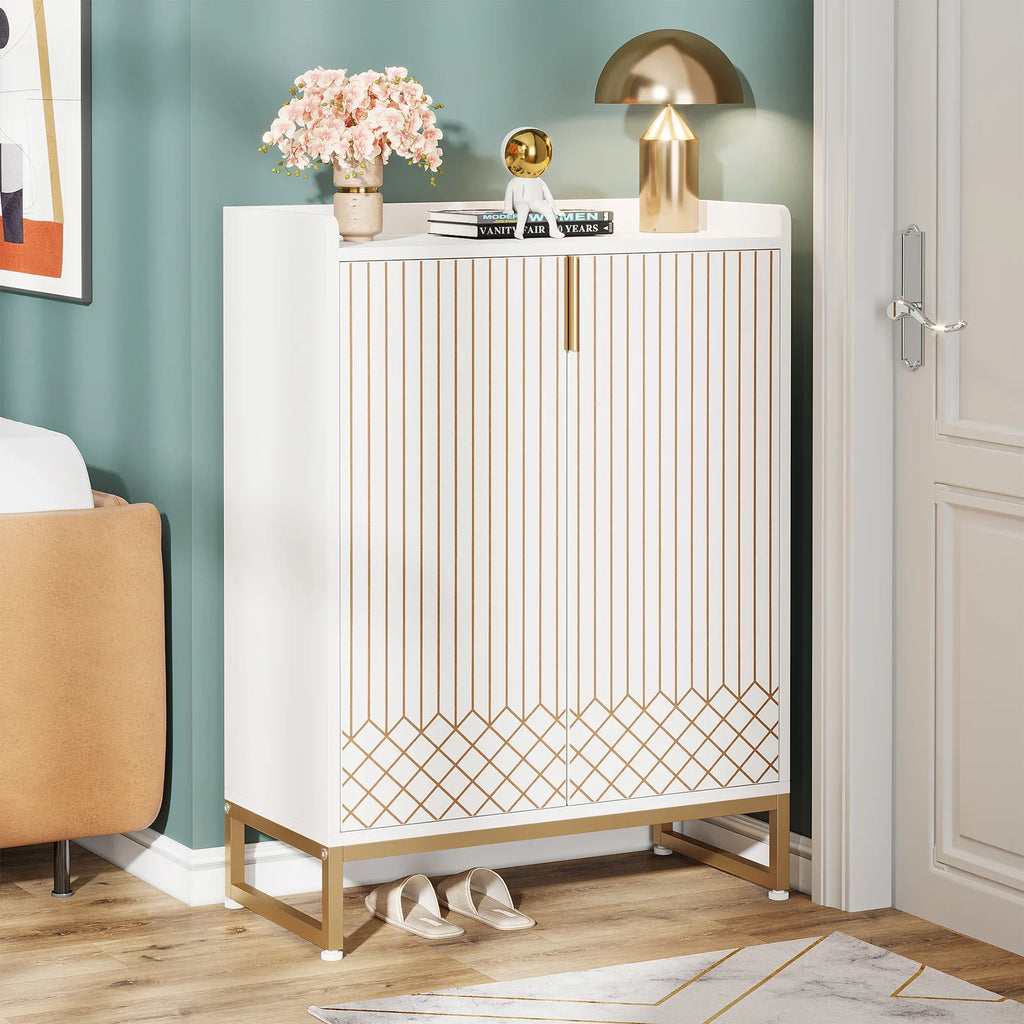 Meuble Chaussures Blanc 5 Niveaux | Portes Finition Bois