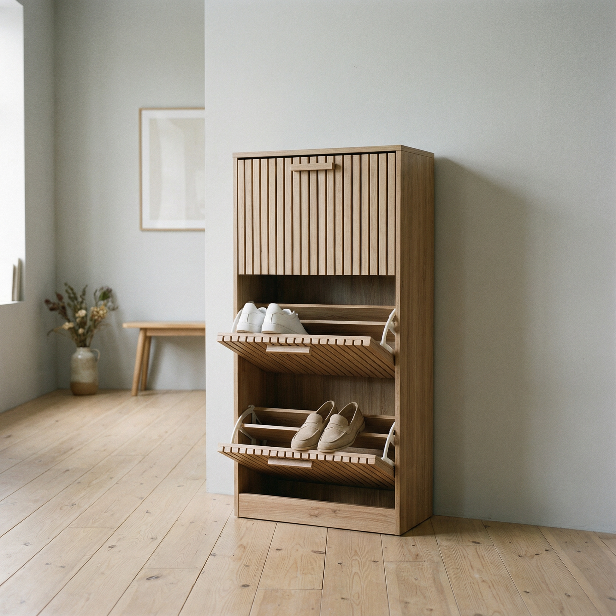 Meuble Chaussures Scandinave Rotin | 3 Portes Basculantes