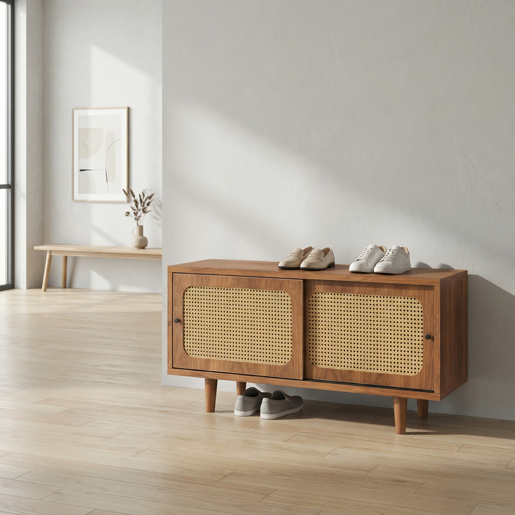 Meuble Chaussures Portes Rotin | Noyer 104cm Étagères Réglables