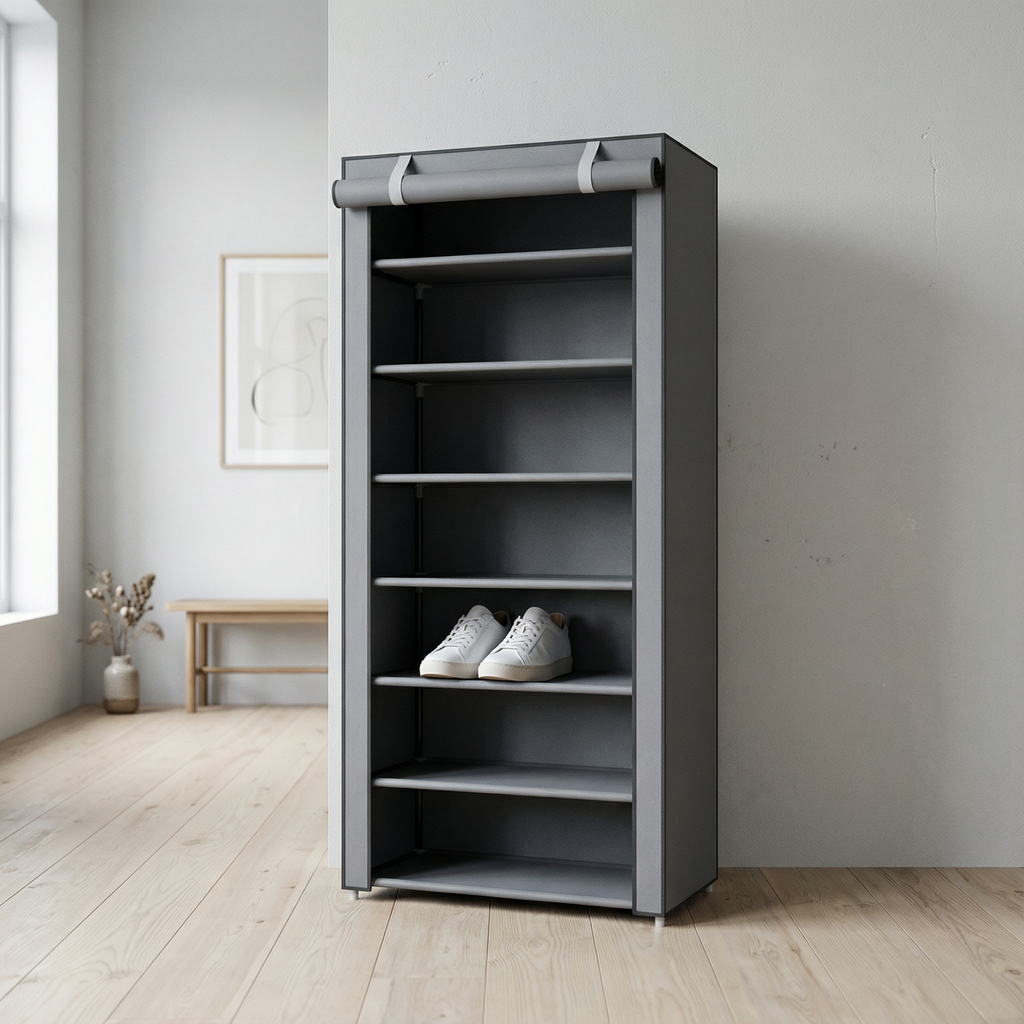 Meuble Chaussures Gris 8 Niveaux | Tissu Anti-Poussière