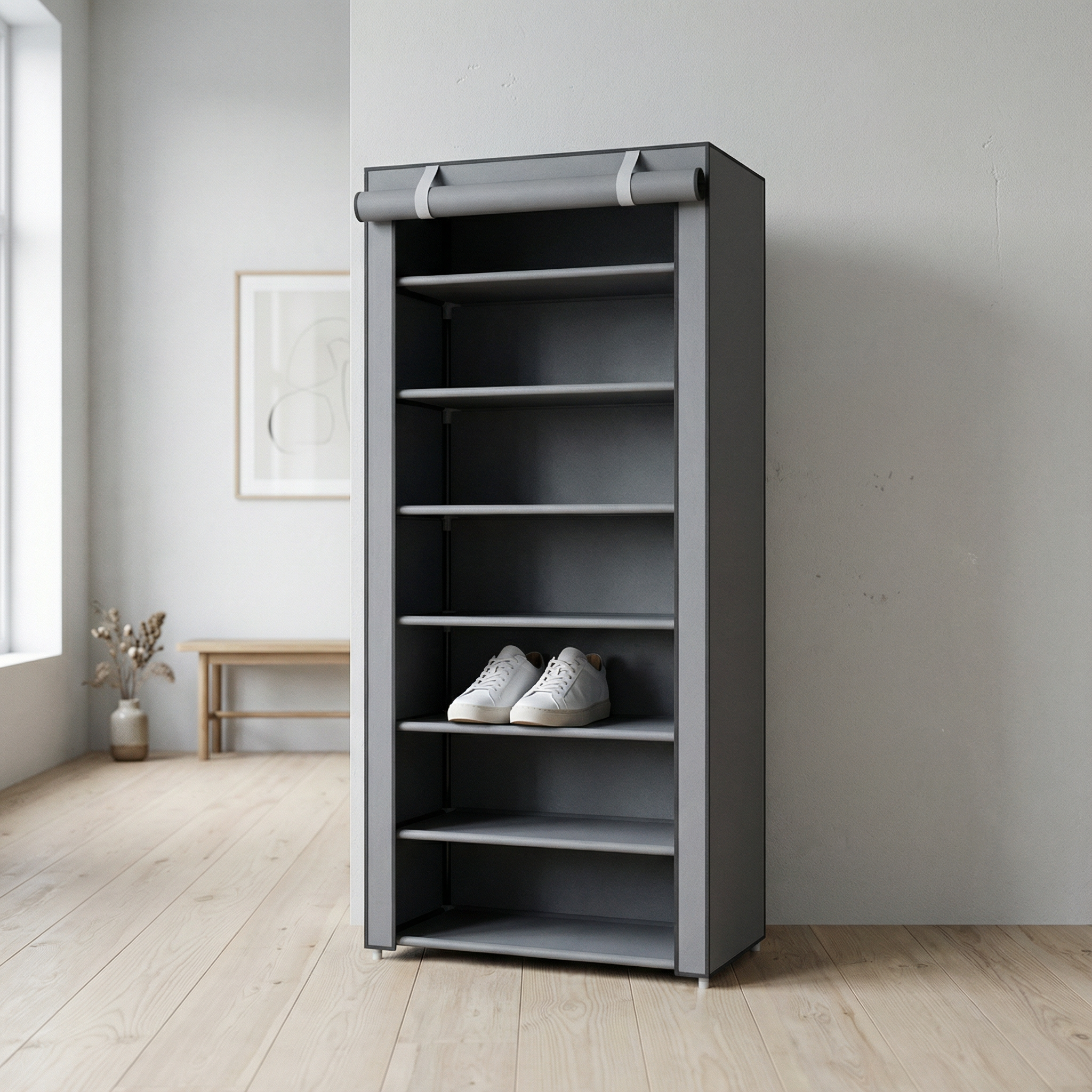 Meuble Chaussures Gris 8 Niveaux | Tissu Anti-Poussière